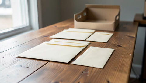 A row of sealed blank envelopes on a long wooden counter leading toward an empty filing tray.