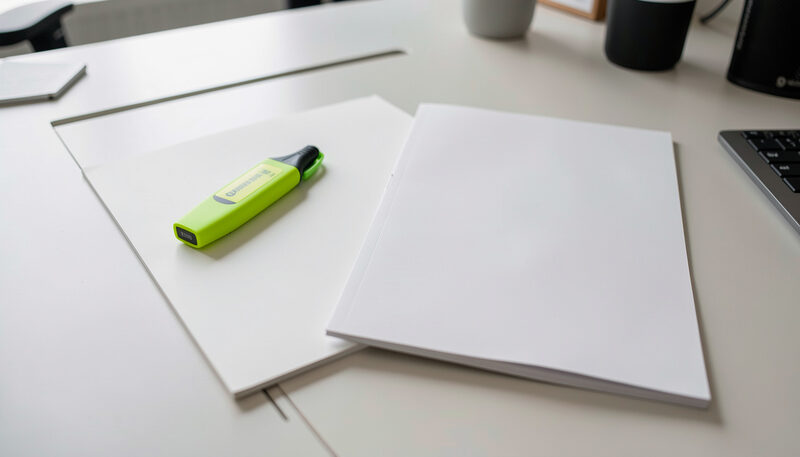 Two overlapping blank pages with a highlighter pen on a clean office desk.