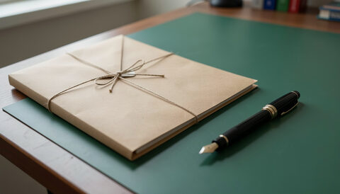 A manila folder tied with string, a sealed envelope and a fountain pen on a green desk blotter.