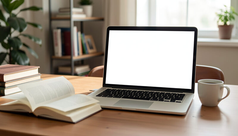 A laptop with blank screen beside face-down pages and a coffee cup on a home office desk.